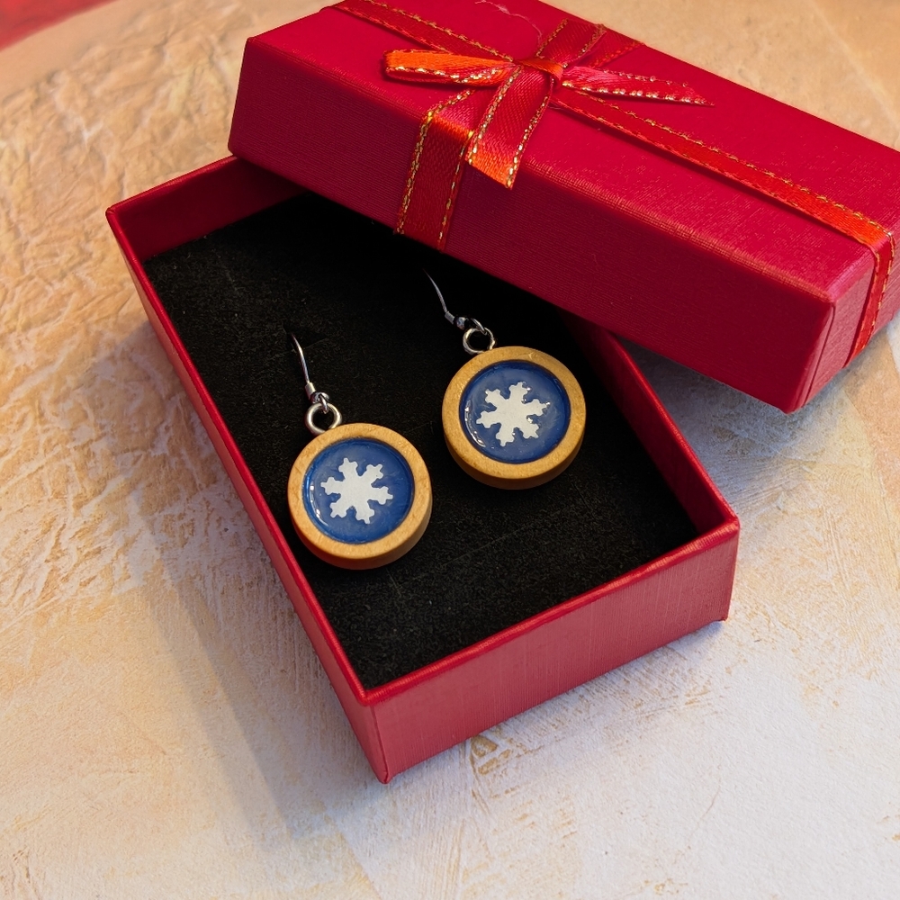 Handmade Snowflake Earrings - Blue - Wooden Hand Painted - Read Description